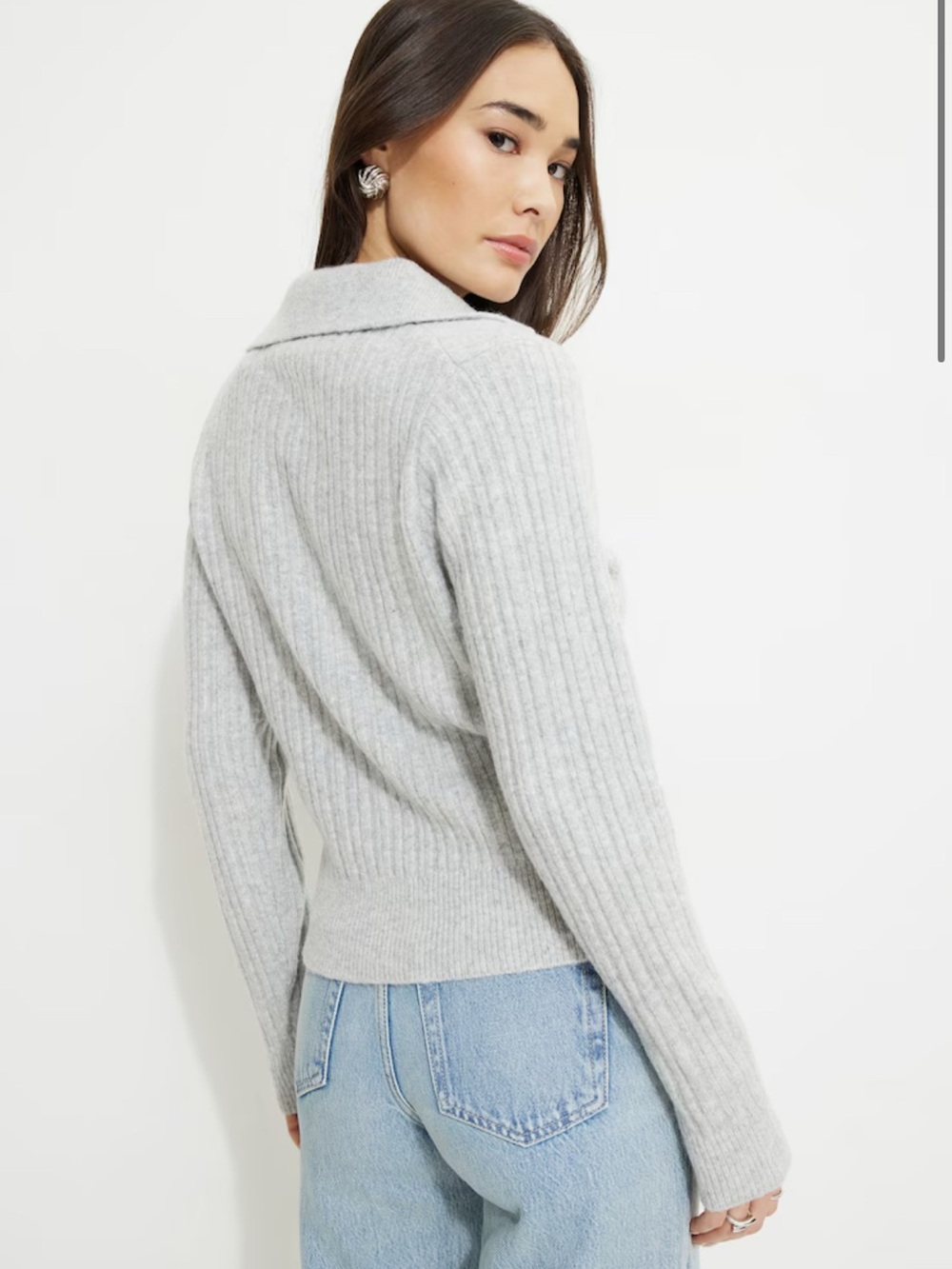 Dynamite Light Gray Ribbed V-Neck Collared Sweater - Picture 2 of 3